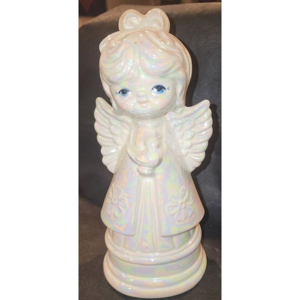 Ceramic Iridescent Angel Figurine With Music Box Vintage